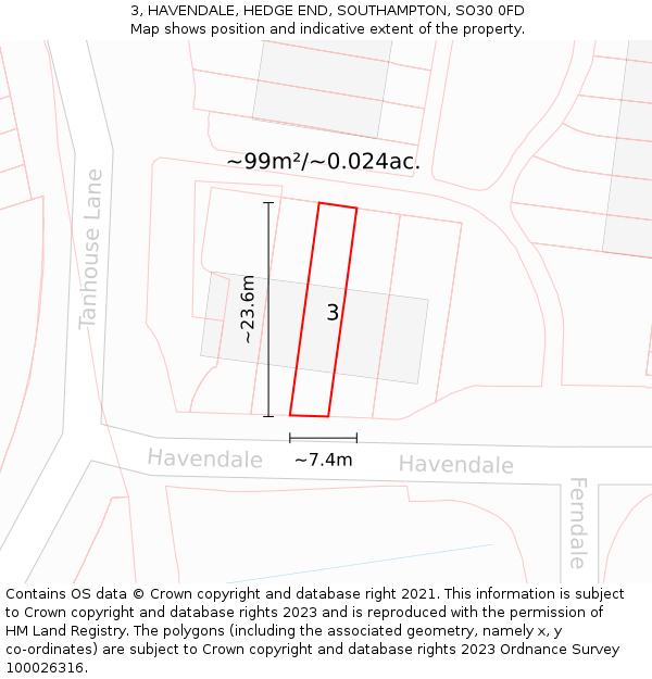 3, HAVENDALE, HEDGE END, SOUTHAMPTON, SO30 0FD: Plot and title map
