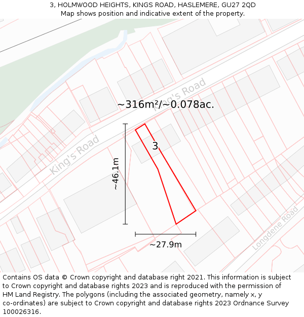 3, HOLMWOOD HEIGHTS, KINGS ROAD, HASLEMERE, GU27 2QD: Plot and title map