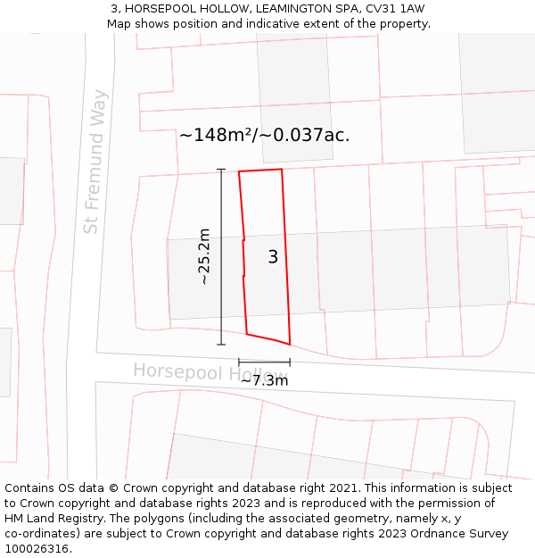 3, HORSEPOOL HOLLOW, LEAMINGTON SPA, CV31 1AW: Plot and title map