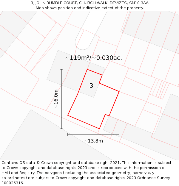 3, JOHN RUMBLE COURT, CHURCH WALK, DEVIZES, SN10 3AA: Plot and title map