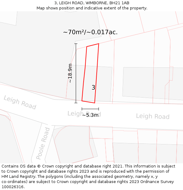 3, LEIGH ROAD, WIMBORNE, BH21 1AB: Plot and title map
