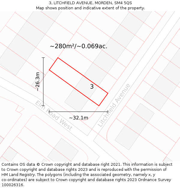 3, LITCHFIELD AVENUE, MORDEN, SM4 5QS: Plot and title map