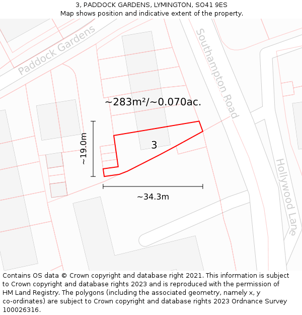 3, PADDOCK GARDENS, LYMINGTON, SO41 9ES: Plot and title map