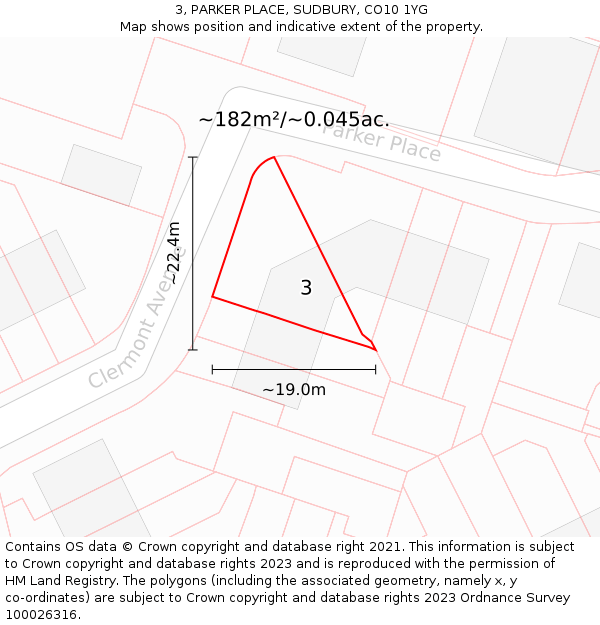 3, PARKER PLACE, SUDBURY, CO10 1YG: Plot and title map