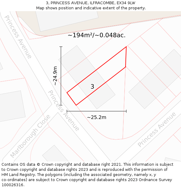 3, PRINCESS AVENUE, ILFRACOMBE, EX34 9LW: Plot and title map