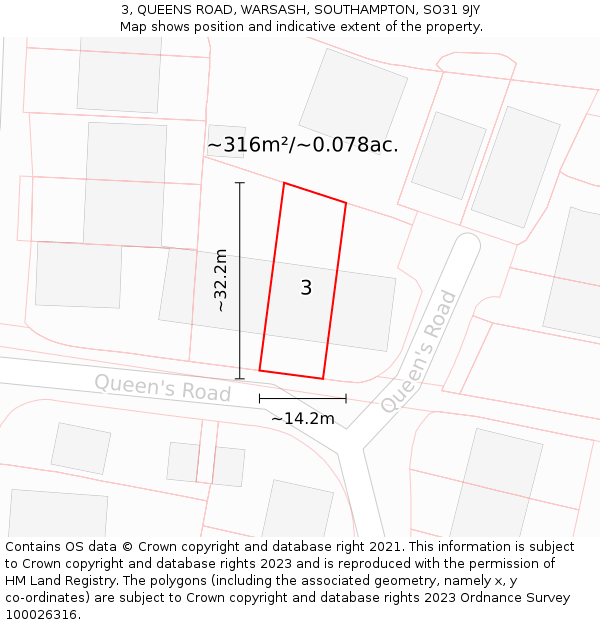 3, QUEENS ROAD, WARSASH, SOUTHAMPTON, SO31 9JY: Plot and title map