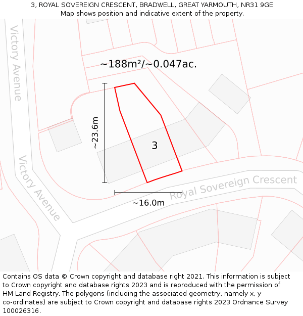 3, ROYAL SOVEREIGN CRESCENT, BRADWELL, GREAT YARMOUTH, NR31 9GE: Plot and title map