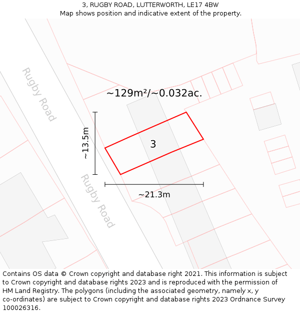 3, RUGBY ROAD, LUTTERWORTH, LE17 4BW: Plot and title map