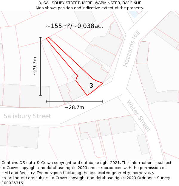 3, SALISBURY STREET, MERE, WARMINSTER, BA12 6HF: Plot and title map