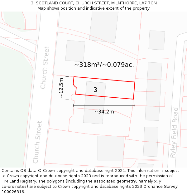 3, SCOTLAND COURT, CHURCH STREET, MILNTHORPE, LA7 7GN: Plot and title map