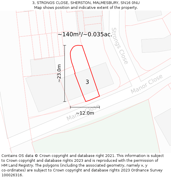 3, STRONGS CLOSE, SHERSTON, MALMESBURY, SN16 0NU: Plot and title map
