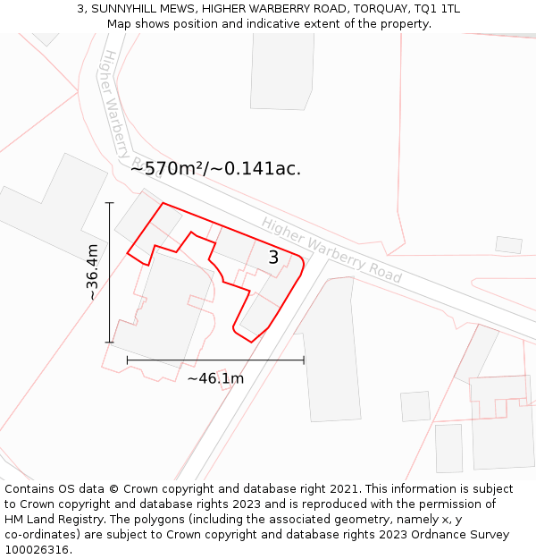 3, SUNNYHILL MEWS, HIGHER WARBERRY ROAD, TORQUAY, TQ1 1TL: Plot and title map