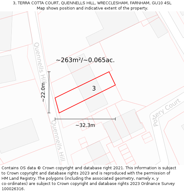3, TERRA COTTA COURT, QUENNELLS HILL, WRECCLESHAM, FARNHAM, GU10 4SL: Plot and title map