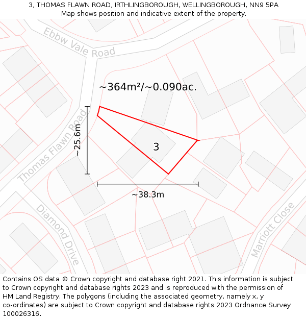 3, THOMAS FLAWN ROAD, IRTHLINGBOROUGH, WELLINGBOROUGH, NN9 5PA: Plot and title map