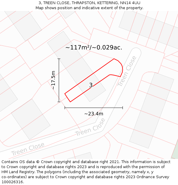 3, TREEN CLOSE, THRAPSTON, KETTERING, NN14 4UU: Plot and title map