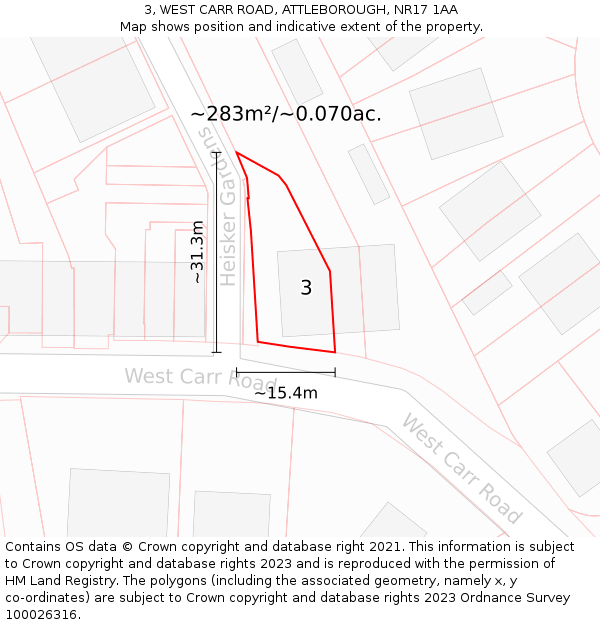 3, WEST CARR ROAD, ATTLEBOROUGH, NR17 1AA: Plot and title map
