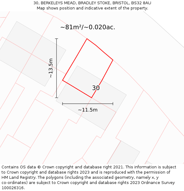 30, BERKELEYS MEAD, BRADLEY STOKE, BRISTOL, BS32 8AU: Plot and title map