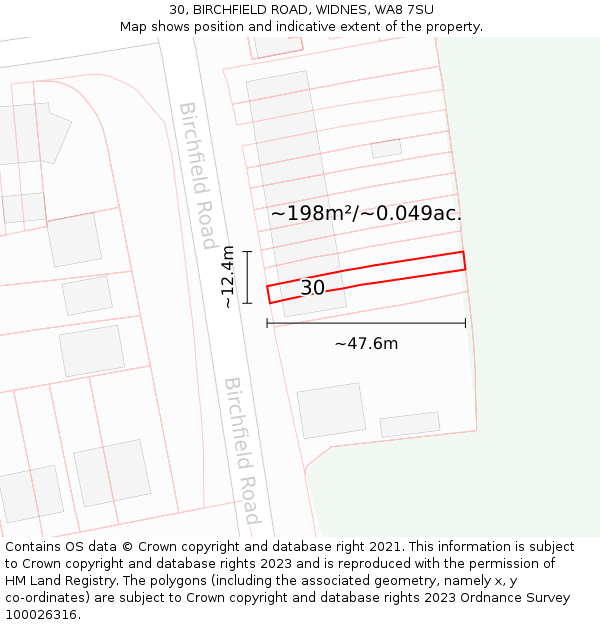 30, BIRCHFIELD ROAD, WIDNES, WA8 7SU: Plot and title map
