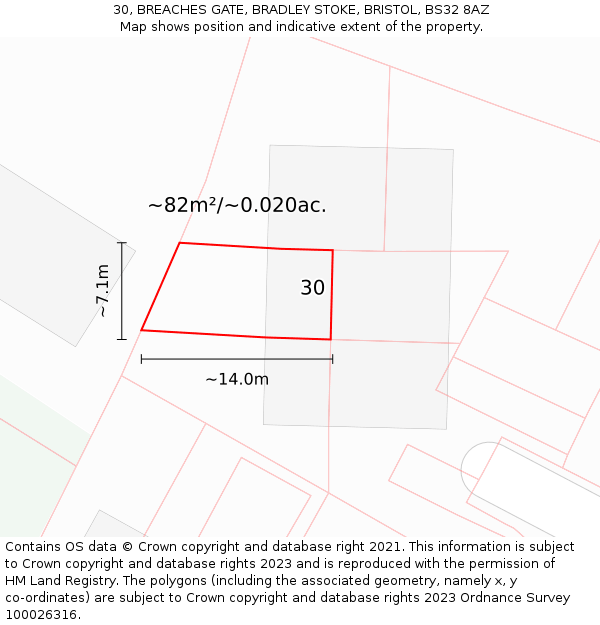 30, BREACHES GATE, BRADLEY STOKE, BRISTOL, BS32 8AZ: Plot and title map