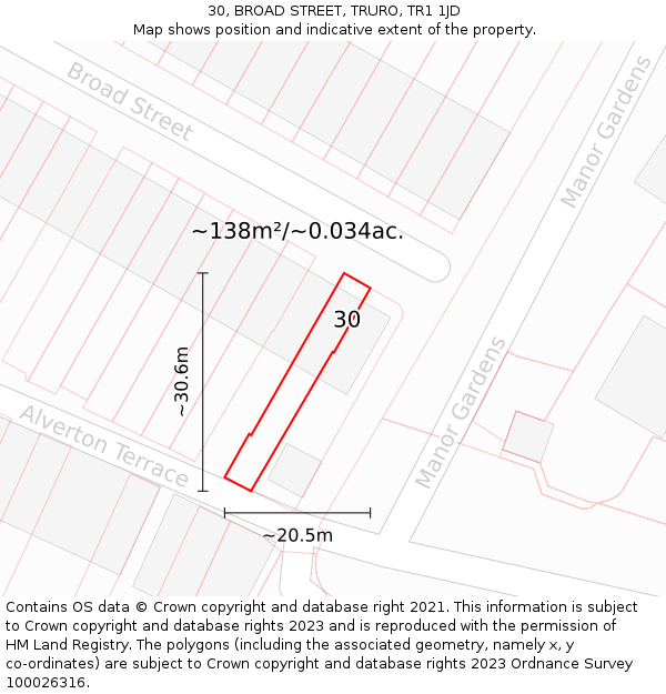 30, BROAD STREET, TRURO, TR1 1JD: Plot and title map