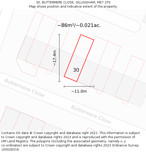 30, BUTTERMERE CLOSE, GILLINGHAM, ME7 2TS: Plot and title map
