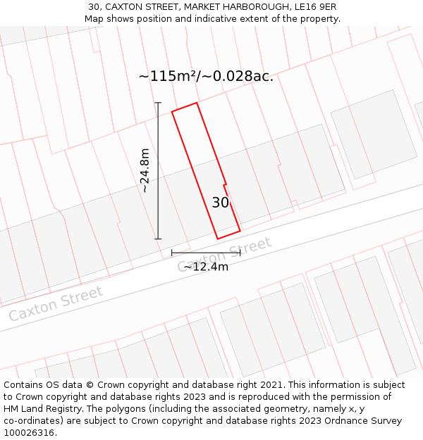 30, CAXTON STREET, MARKET HARBOROUGH, LE16 9ER: Plot and title map