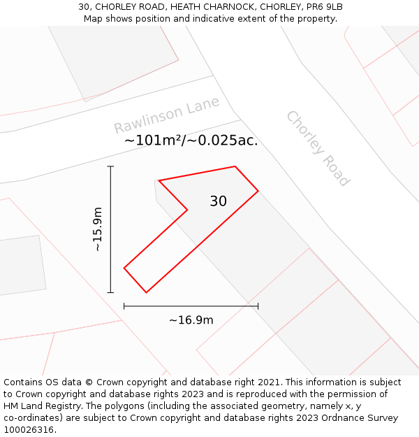 30, CHORLEY ROAD, HEATH CHARNOCK, CHORLEY, PR6 9LB: Plot and title map