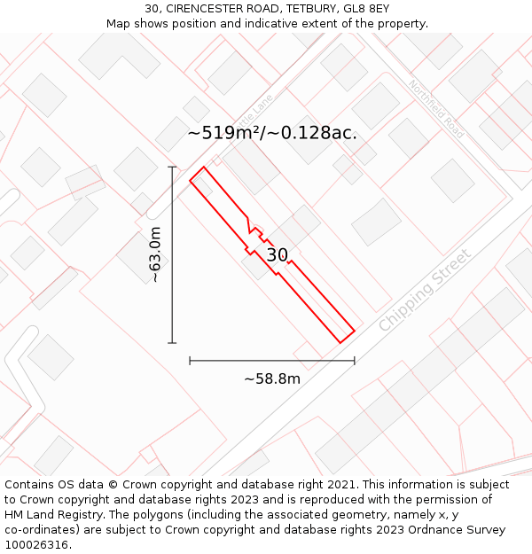 30, CIRENCESTER ROAD, TETBURY, GL8 8EY: Plot and title map