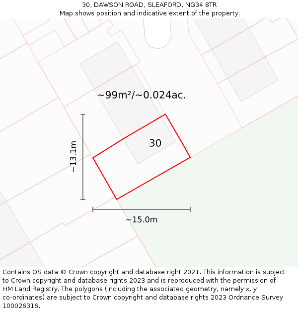 30, DAWSON ROAD, SLEAFORD, NG34 8TR: Plot and title map