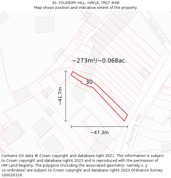 30, FOUNDRY HILL, HAYLE, TR27 4HW: Plot and title map
