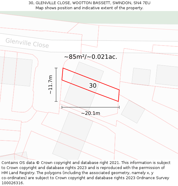 30, GLENVILLE CLOSE, WOOTTON BASSETT, SWINDON, SN4 7EU: Plot and title map