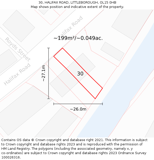 30, HALIFAX ROAD, LITTLEBOROUGH, OL15 0HB: Plot and title map