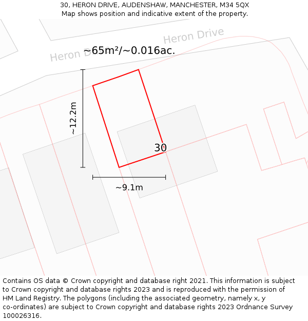 30, HERON DRIVE, AUDENSHAW, MANCHESTER, M34 5QX: Plot and title map