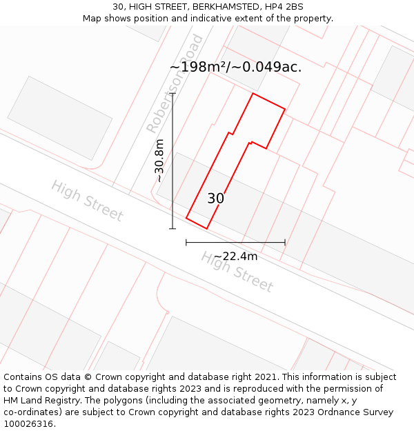 30, HIGH STREET, BERKHAMSTED, HP4 2BS: Plot and title map