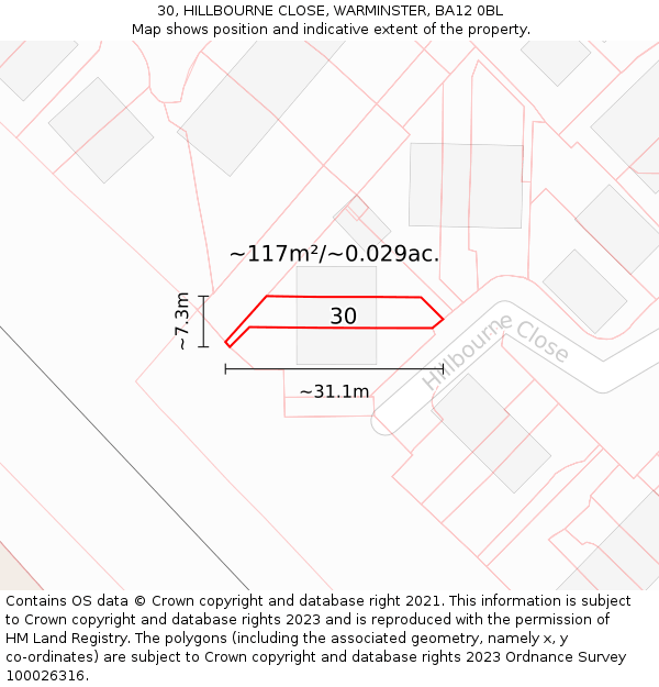 30, HILLBOURNE CLOSE, WARMINSTER, BA12 0BL: Plot and title map