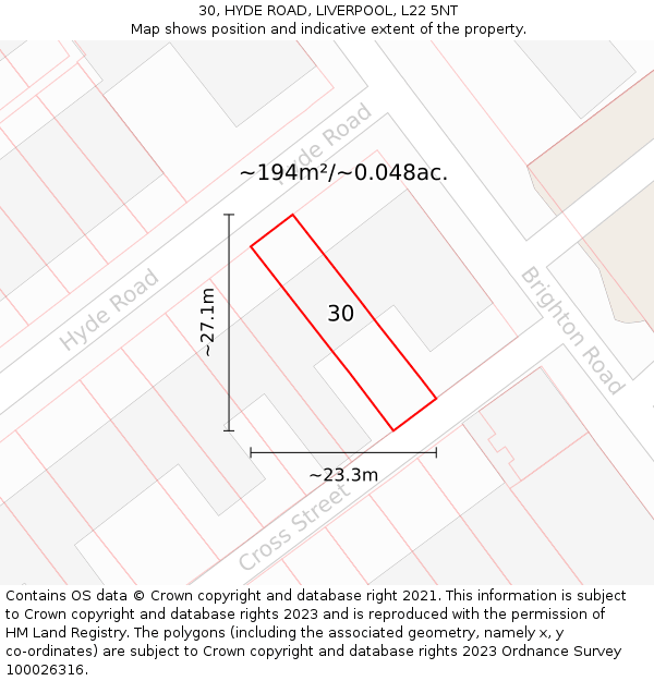 30, HYDE ROAD, LIVERPOOL, L22 5NT: Plot and title map