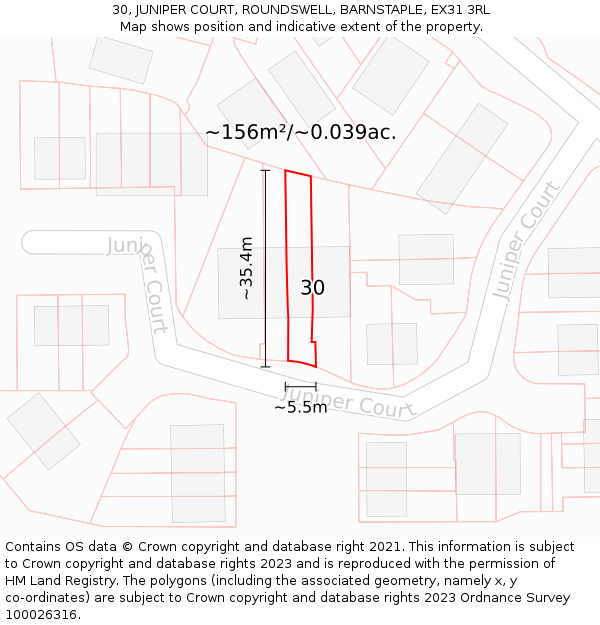 30, JUNIPER COURT, ROUNDSWELL, BARNSTAPLE, EX31 3RL: Plot and title map