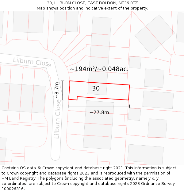30, LILBURN CLOSE, EAST BOLDON, NE36 0TZ: Plot and title map