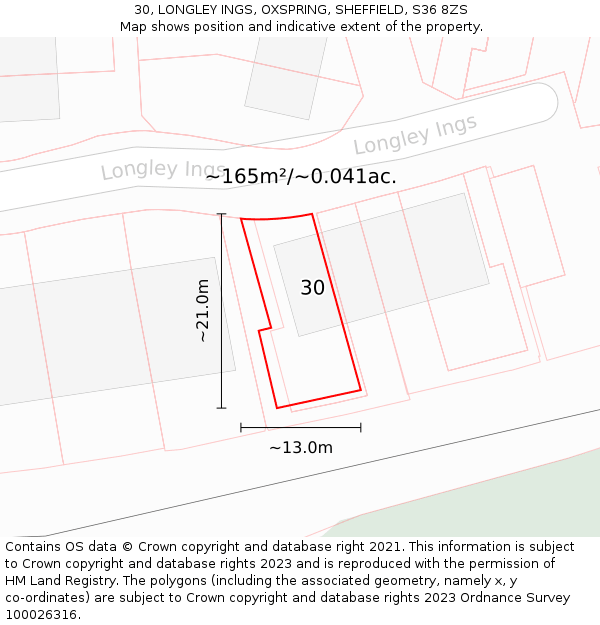 30, LONGLEY INGS, OXSPRING, SHEFFIELD, S36 8ZS: Plot and title map
