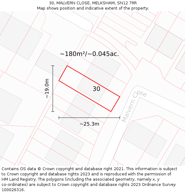 30, MALVERN CLOSE, MELKSHAM, SN12 7RR: Plot and title map