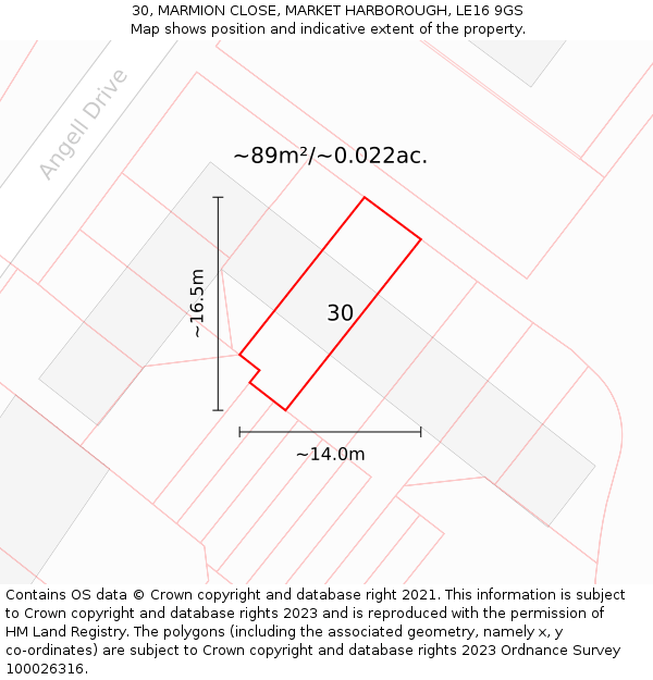 30, MARMION CLOSE, MARKET HARBOROUGH, LE16 9GS: Plot and title map