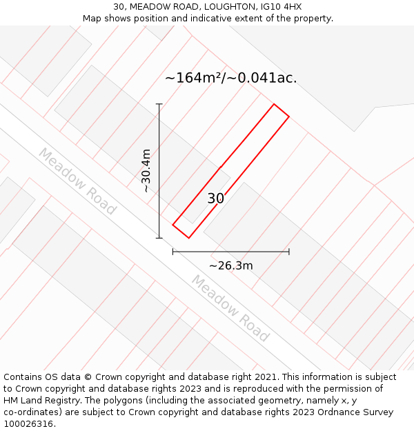 30, MEADOW ROAD, LOUGHTON, IG10 4HX: Plot and title map