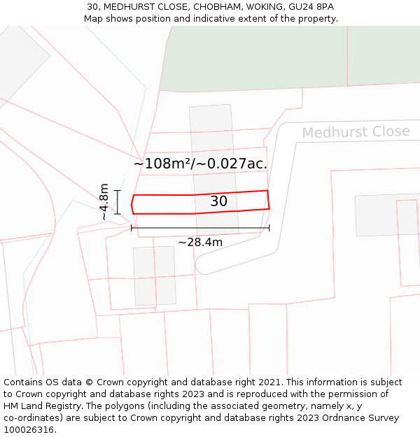 30, MEDHURST CLOSE, CHOBHAM, WOKING, GU24 8PA: Plot and title map
