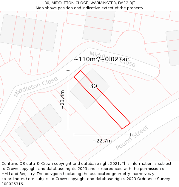 30, MIDDLETON CLOSE, WARMINSTER, BA12 8JT: Plot and title map