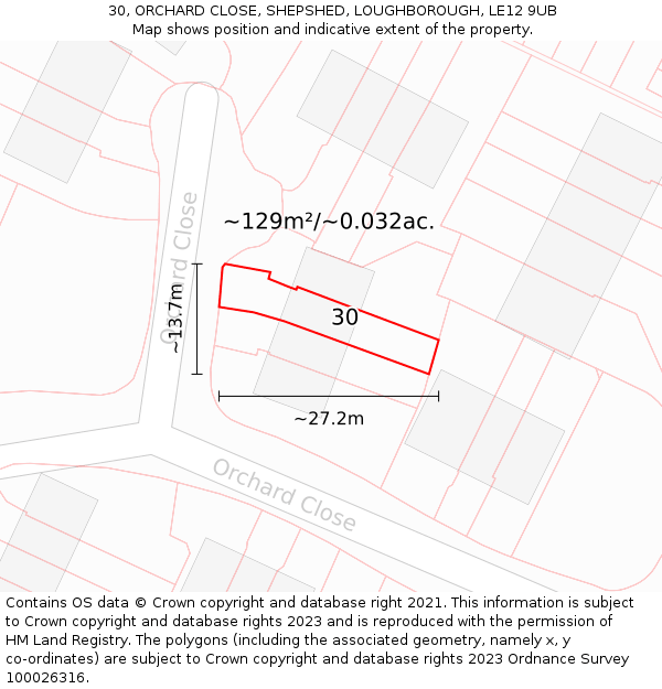 30, ORCHARD CLOSE, SHEPSHED, LOUGHBOROUGH, LE12 9UB: Plot and title map