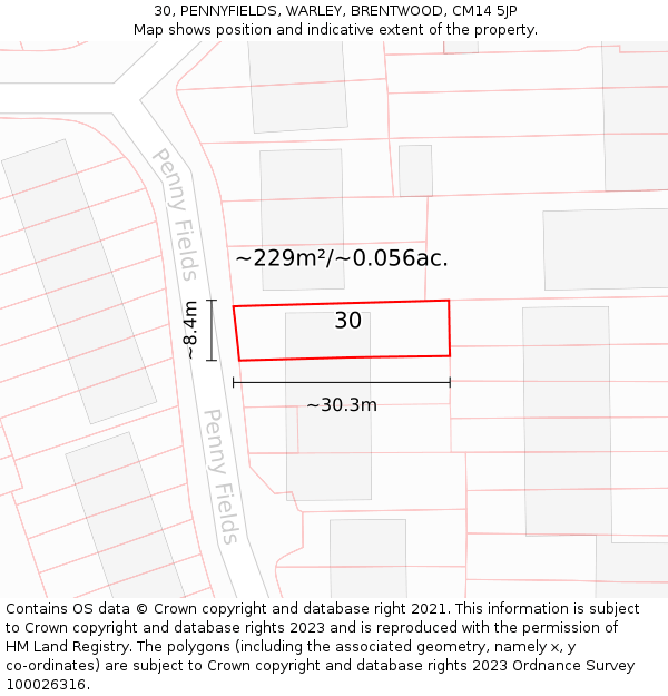 30, PENNYFIELDS, WARLEY, BRENTWOOD, CM14 5JP: Plot and title map