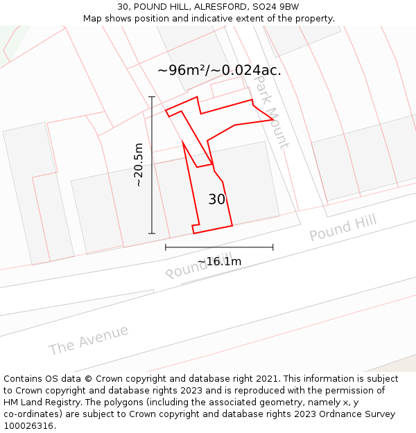 30, POUND HILL, ALRESFORD, SO24 9BW: Plot and title map