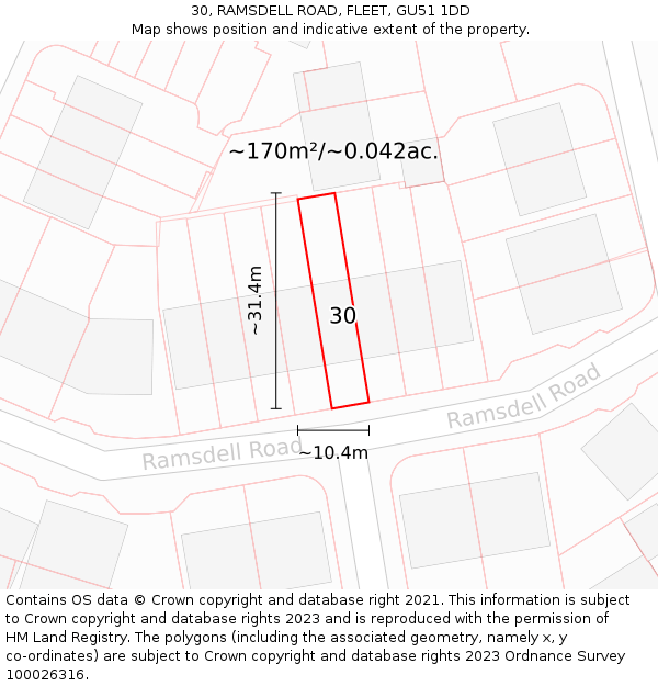 30, RAMSDELL ROAD, FLEET, GU51 1DD: Plot and title map