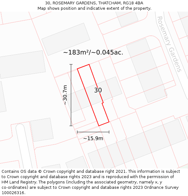 30, ROSEMARY GARDENS, THATCHAM, RG18 4BA: Plot and title map