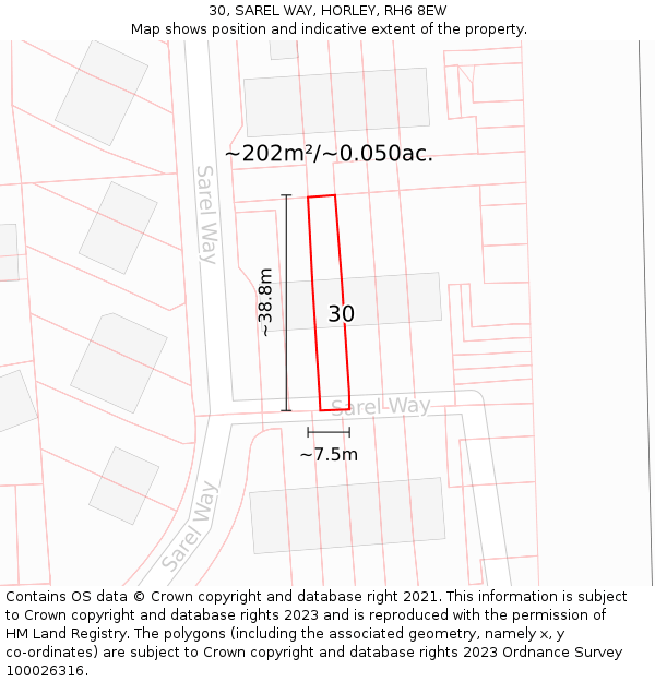 30, SAREL WAY, HORLEY, RH6 8EW: Plot and title map